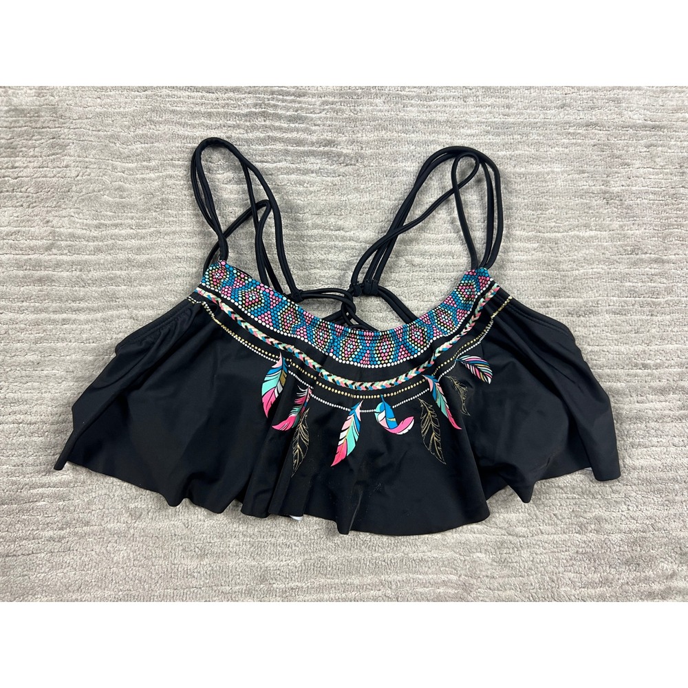 Ocean Pacific Bikini Top Women XL Black Feather Tribal Flounce Strappy Back